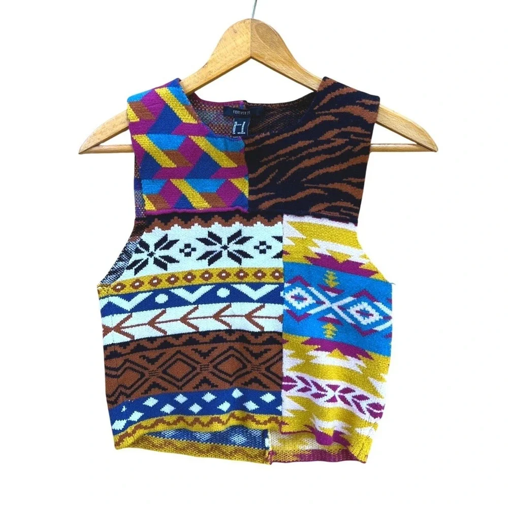 Patchwork‎ Sweater Vest Tank Junior Sz Med Crop Colorful Maximalist Knit Fun